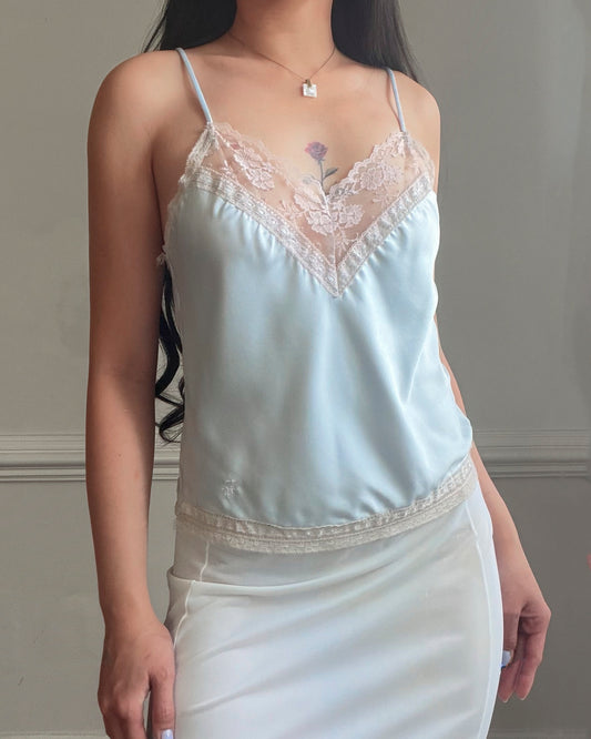 Vintage Dior Baby Blue Satin Cami — V-Neck Champagne Lace Trim & CD Monogram