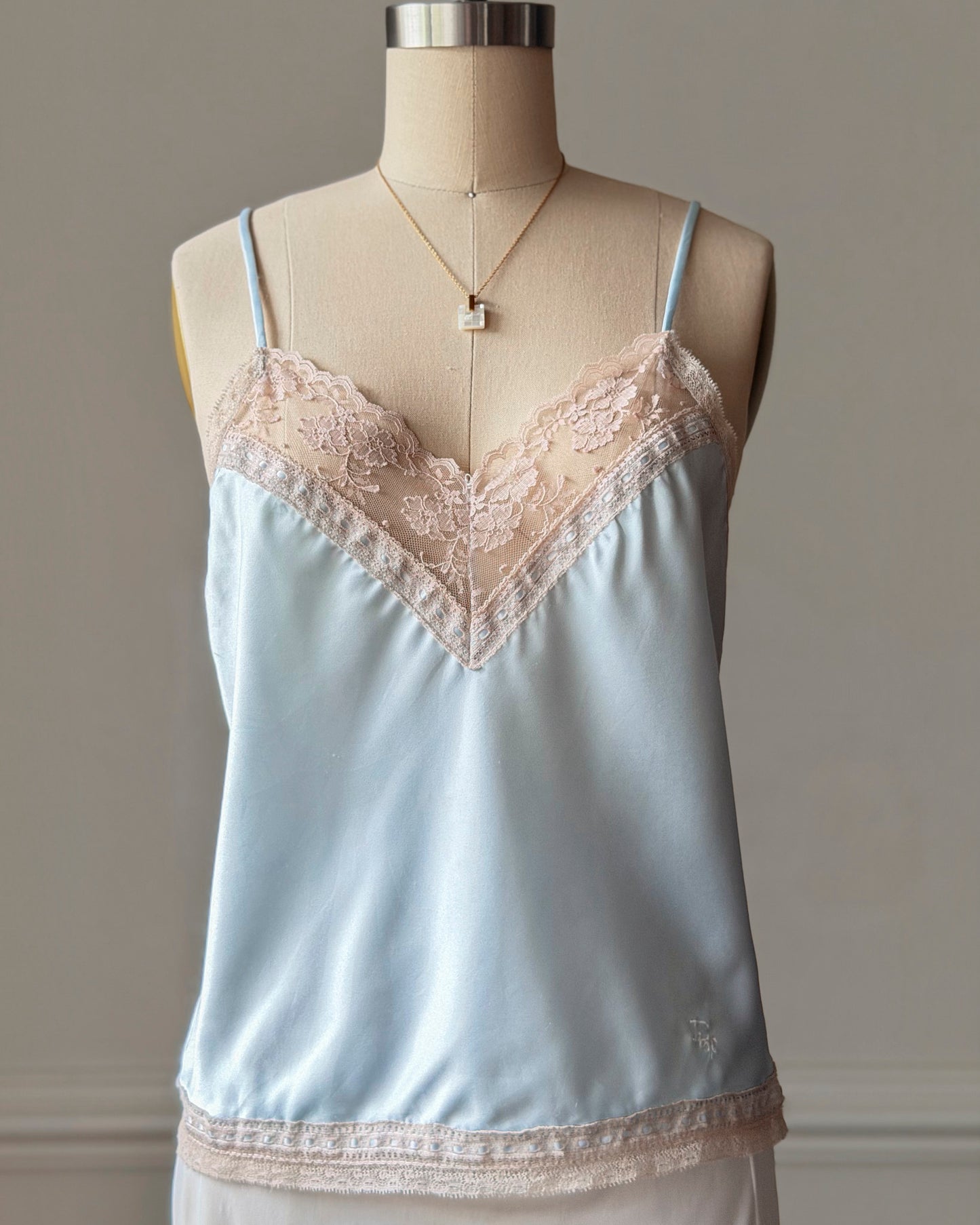 Vintage Dior Baby Blue Satin Cami — V-Neck Champagne Lace Trim & CD Monogram
