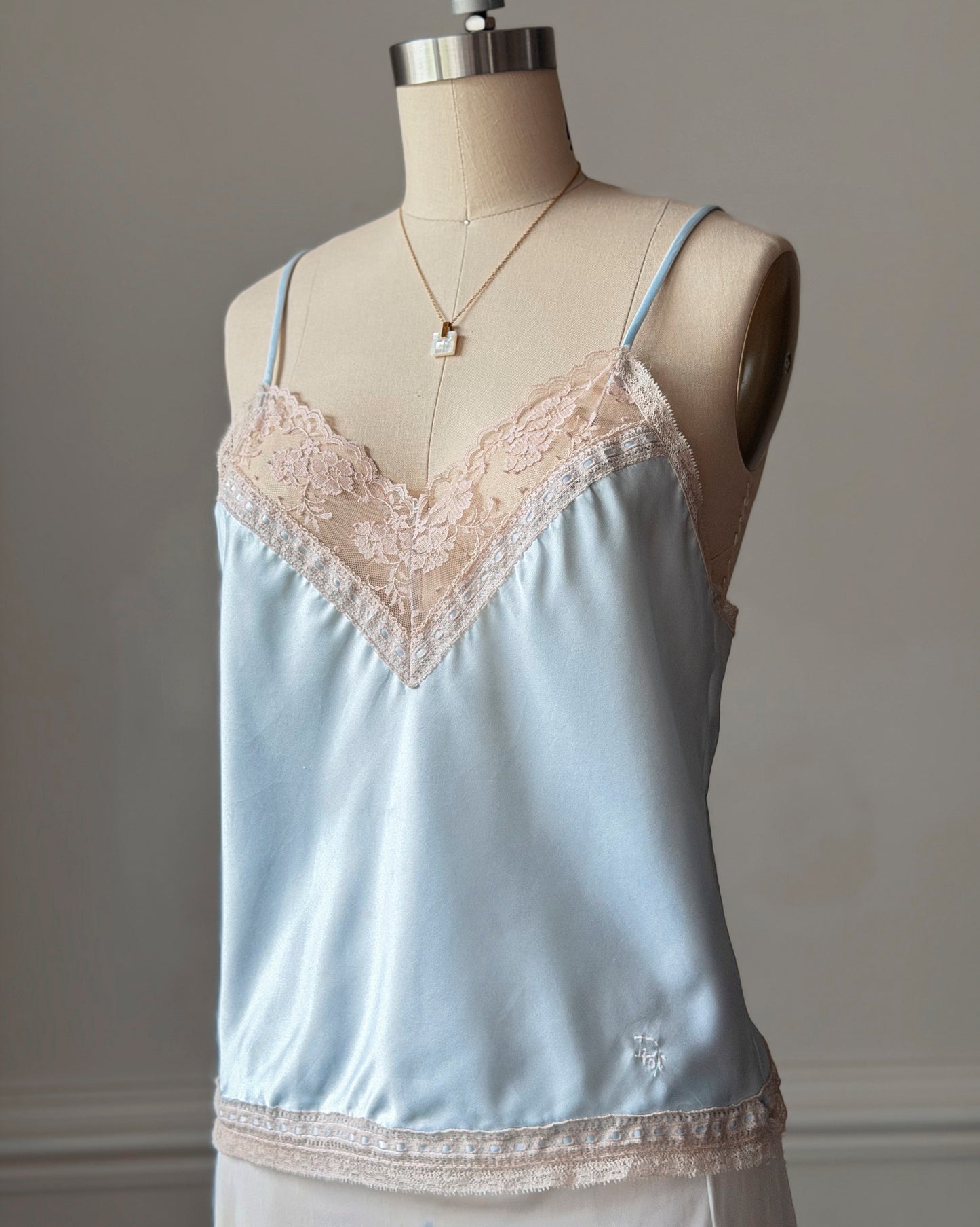 Vintage Dior Baby Blue Satin Cami — V-Neck Champagne Lace Trim & CD Monogram
