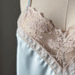 Vintage Dior Baby Blue Satin Cami — V-Neck Champagne Lace Trim & CD Monogram