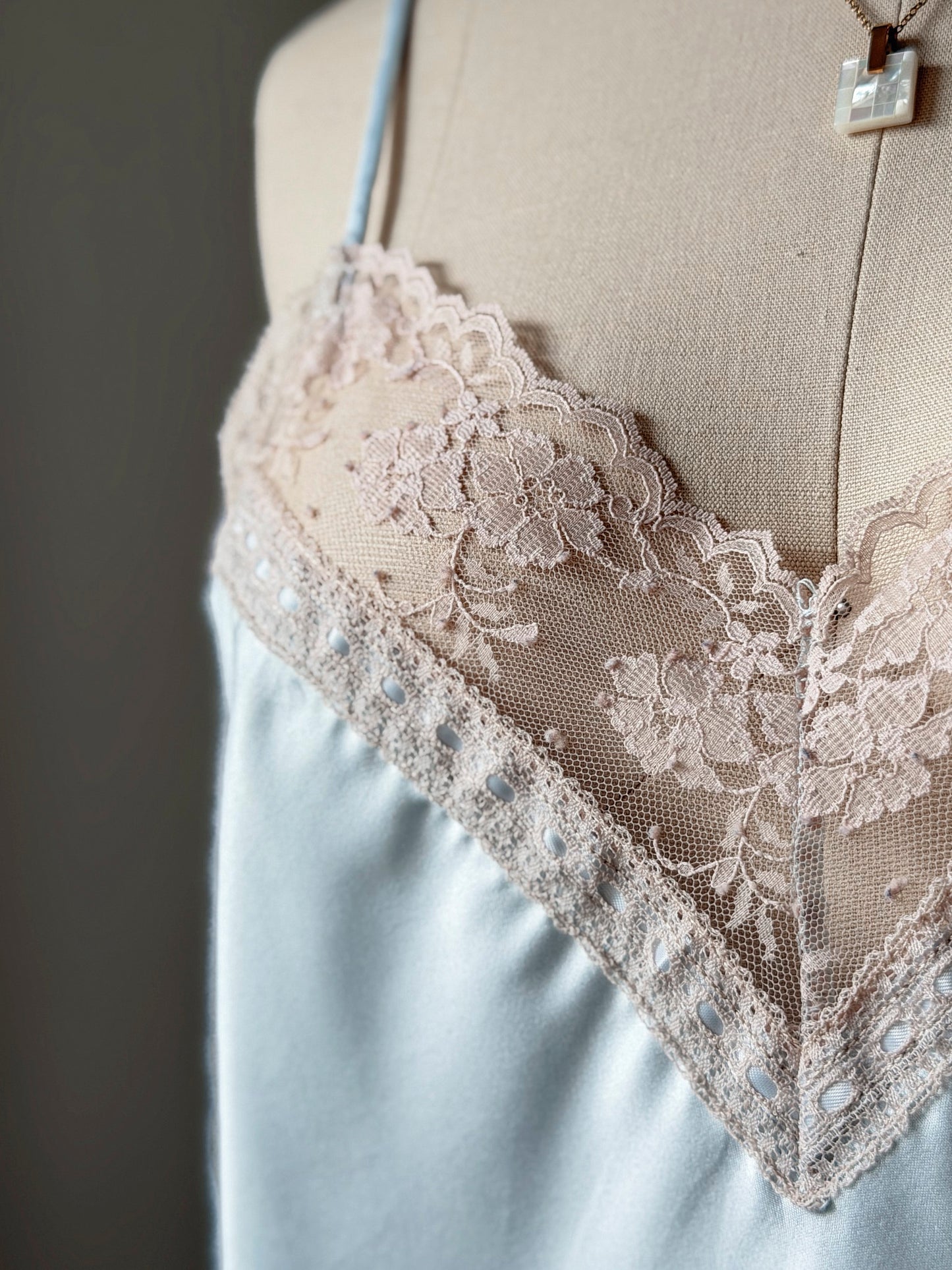 Vintage Dior Baby Blue Satin Cami — V-Neck Champagne Lace Trim & CD Monogram