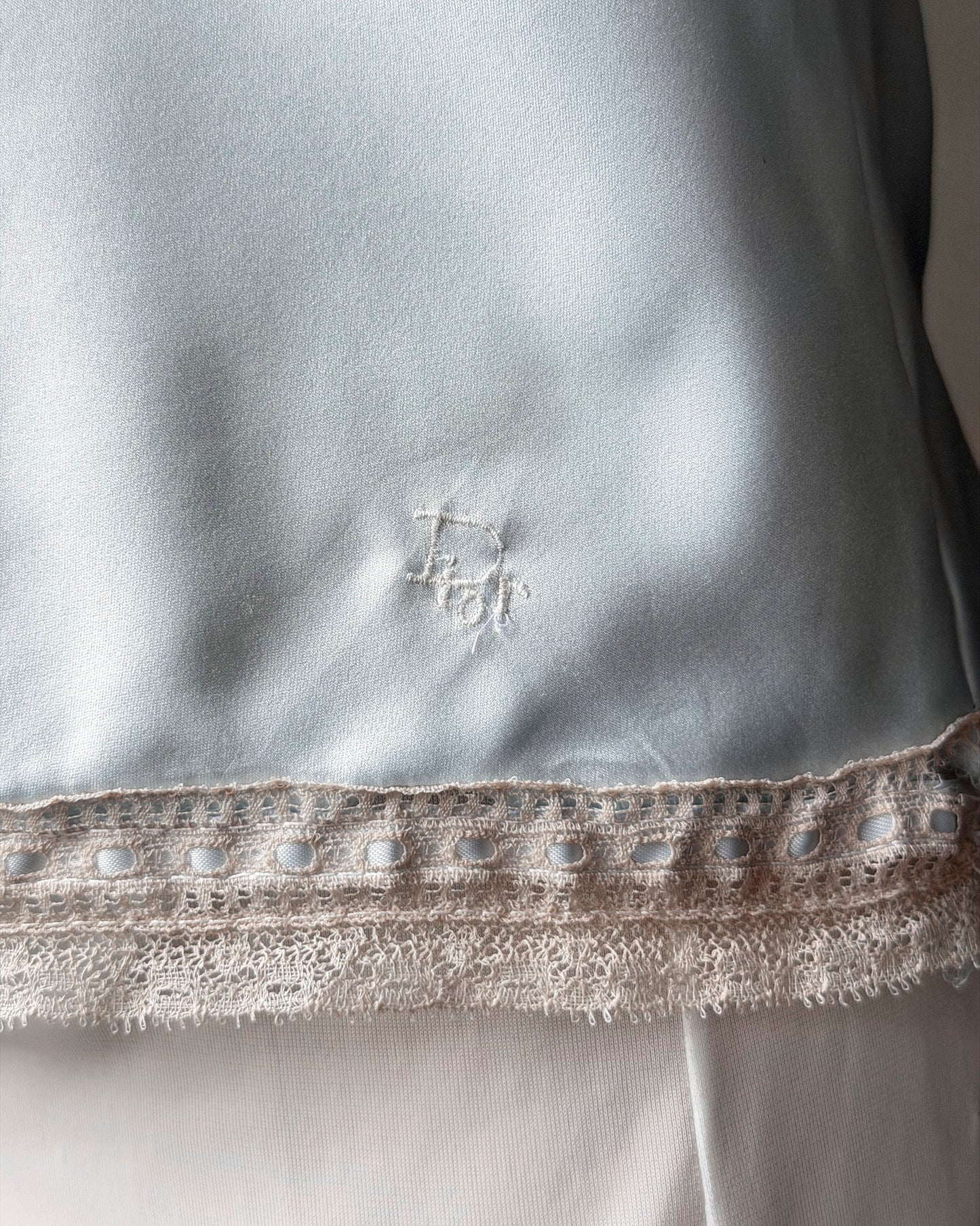Vintage Dior Baby Blue Satin Cami — V-Neck Champagne Lace Trim & CD Monogram