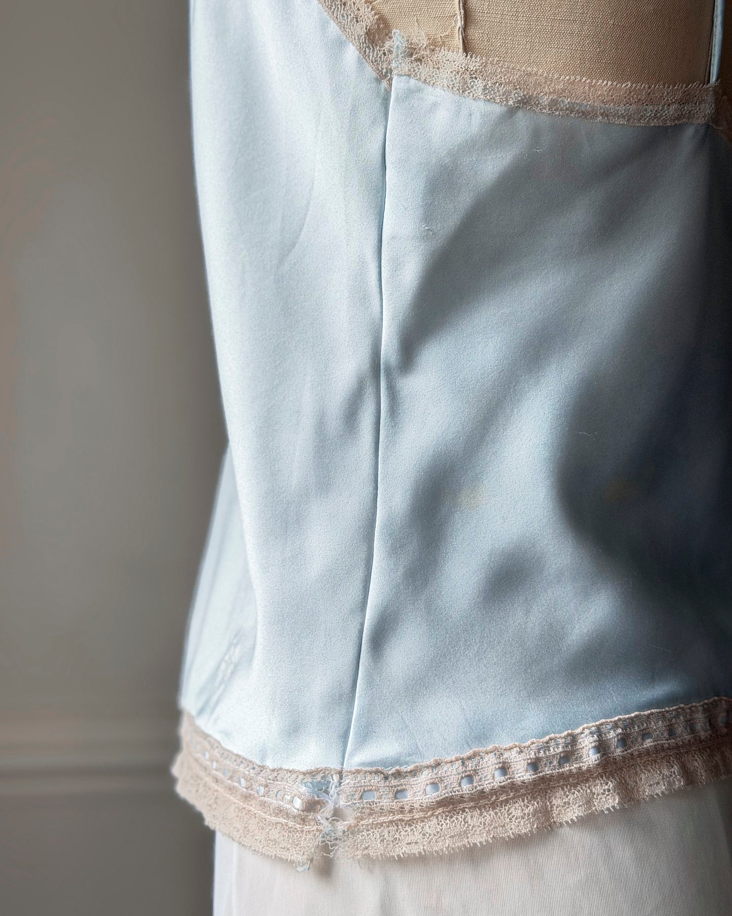 Vintage Dior Baby Blue Satin Cami — V-Neck Champagne Lace Trim & CD Monogram