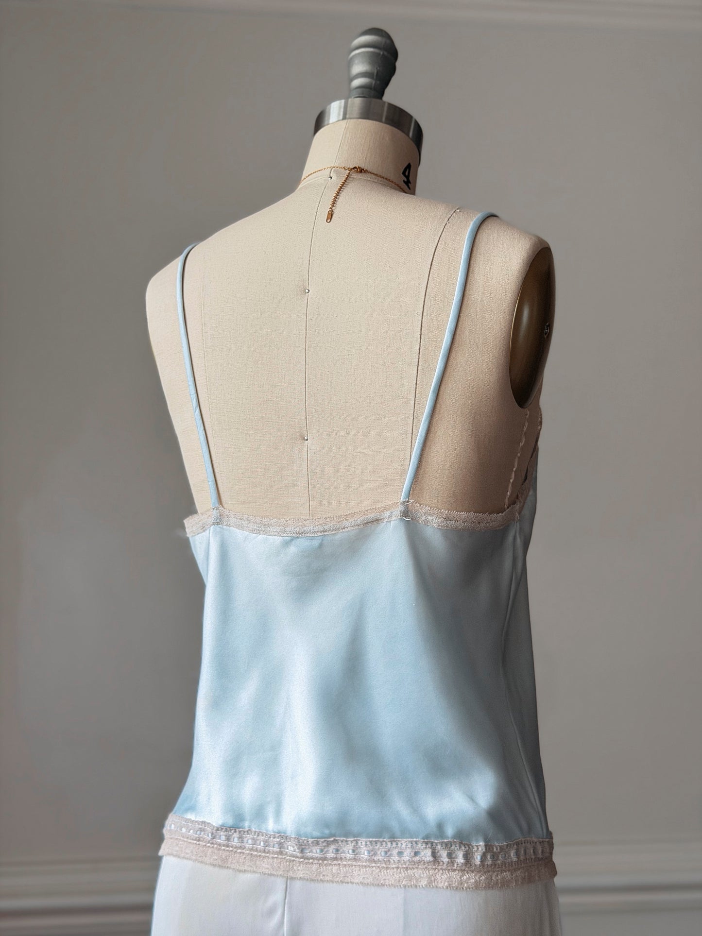 Vintage Dior Baby Blue Satin Cami — V-Neck Champagne Lace Trim & CD Monogram