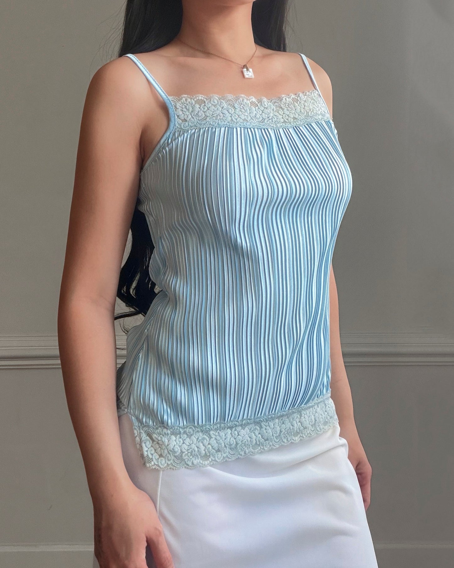 Baby Blue Accordion Pleated Satin Cami — Lace Square Neckline & Hem Trim