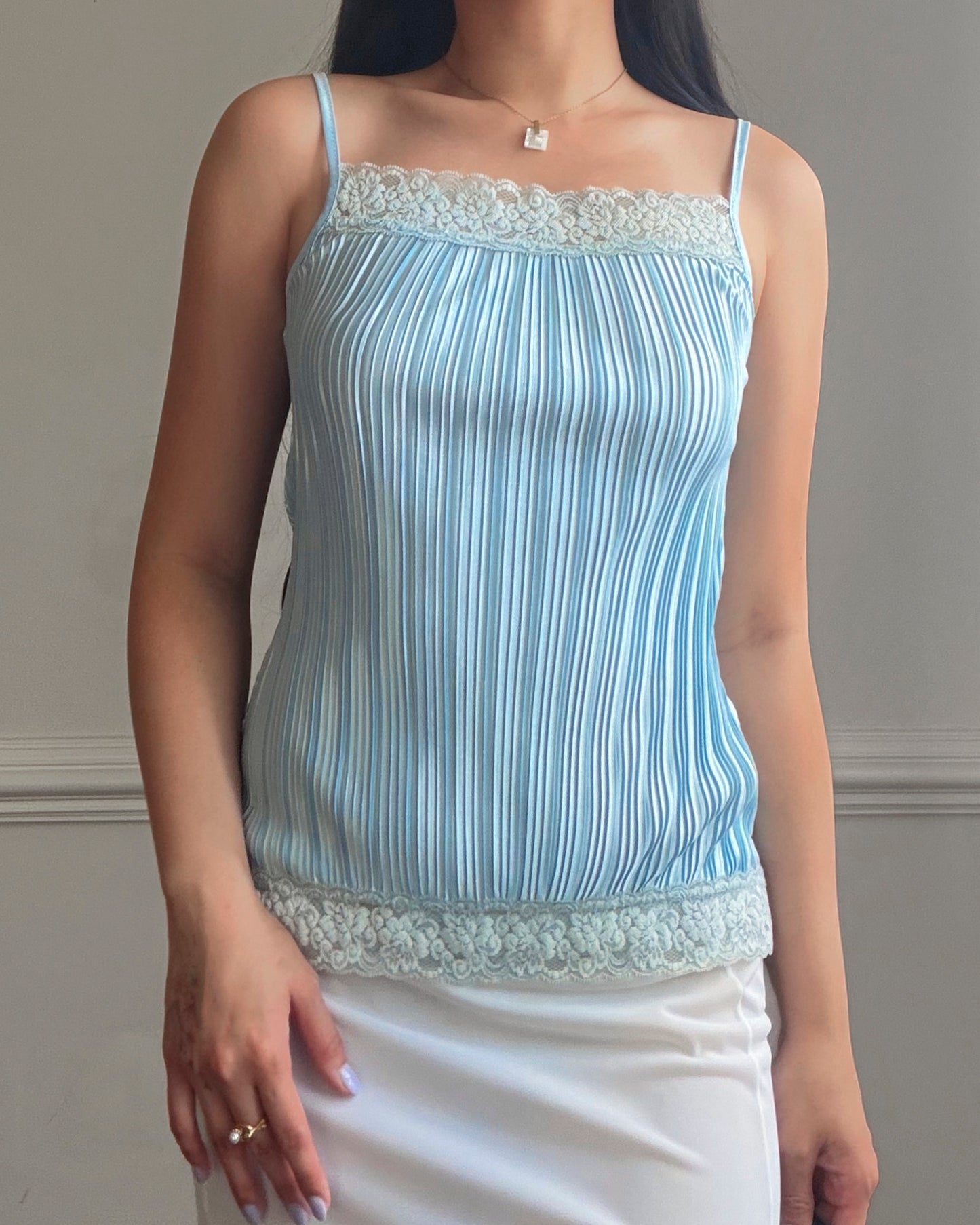 Baby Blue Accordion Pleated Satin Cami — Lace Square Neckline & Hem Trim