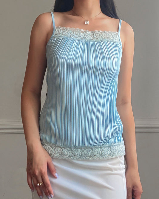 Baby Blue Accordion Pleated Satin Cami — Lace Square Neckline & Hem Trim