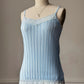 Baby Blue Accordion Pleated Satin Cami — Lace Square Neckline & Hem Trim