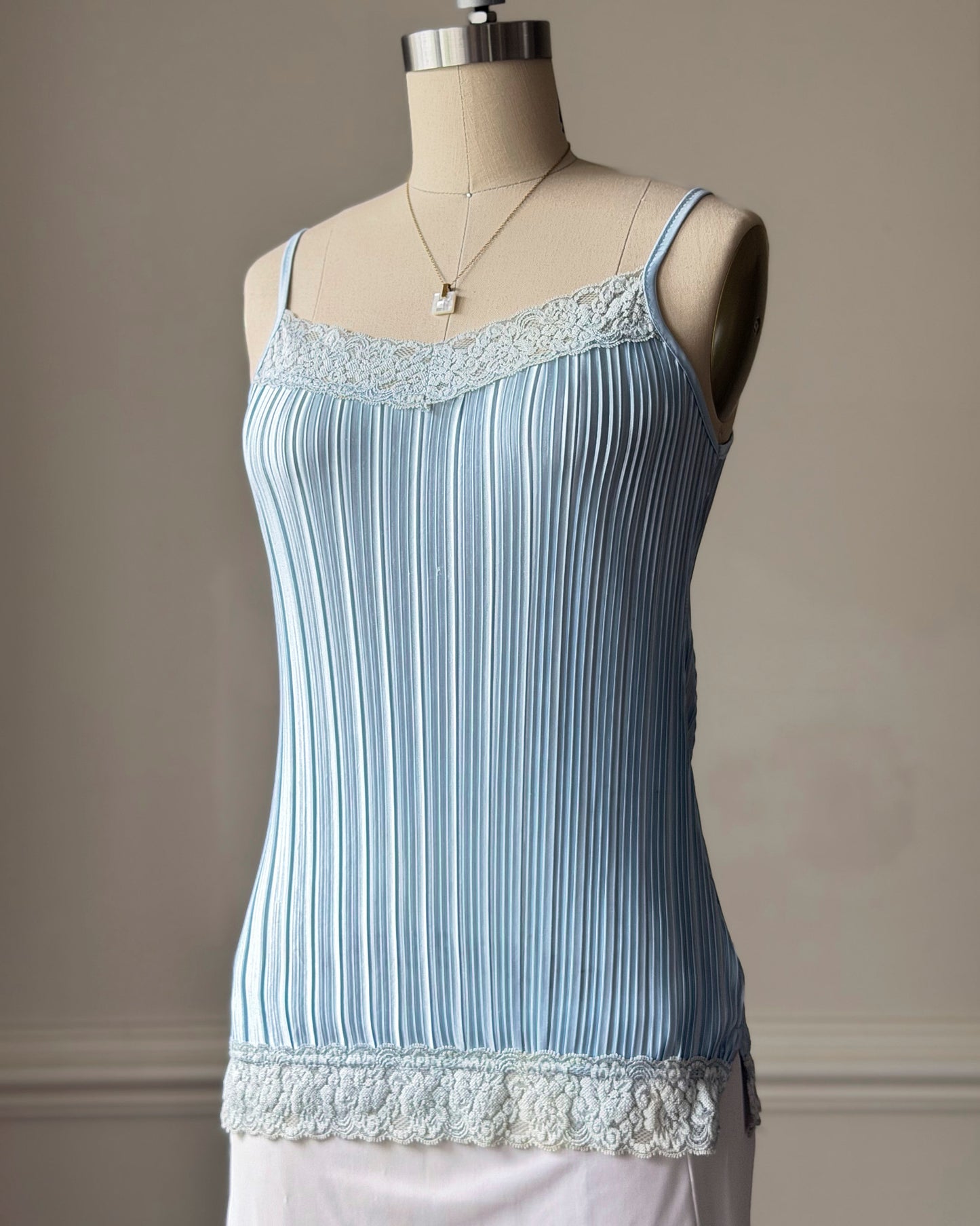 Baby Blue Accordion Pleated Satin Cami — Lace Square Neckline & Hem Trim