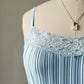 Baby Blue Accordion Pleated Satin Cami — Lace Square Neckline & Hem Trim