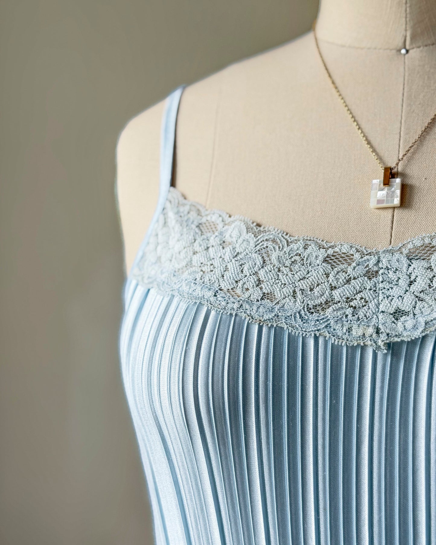 Baby Blue Accordion Pleated Satin Cami — Lace Square Neckline & Hem Trim