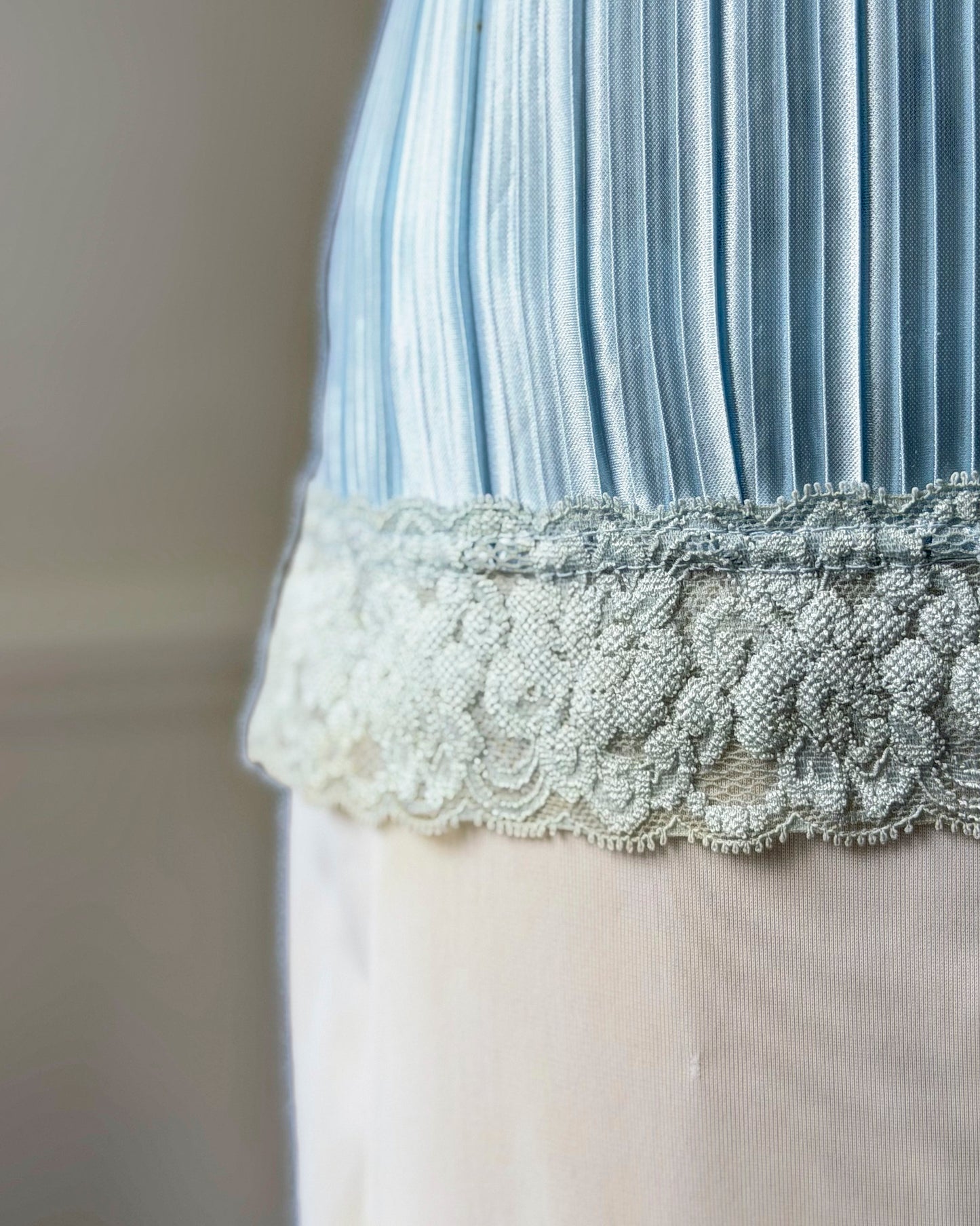 Baby Blue Accordion Pleated Satin Cami — Lace Square Neckline & Hem Trim