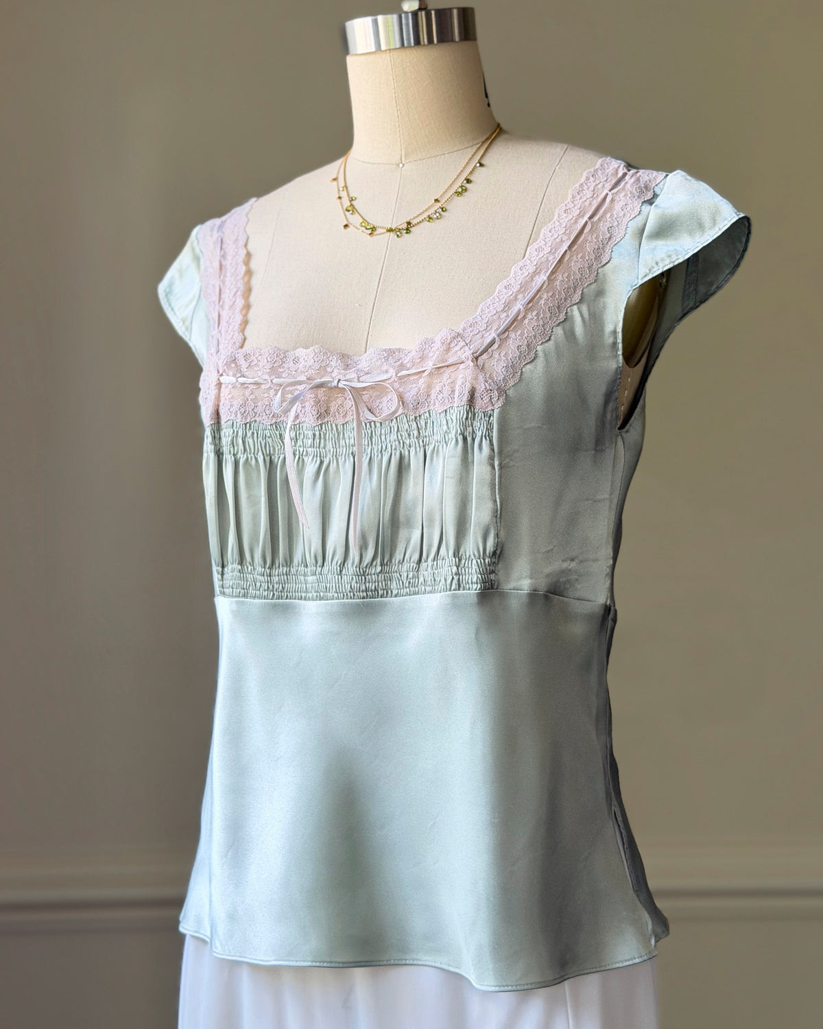 Victoria's Secret Mint Satin Camisole — Pink Lace Trim & Bow Detail