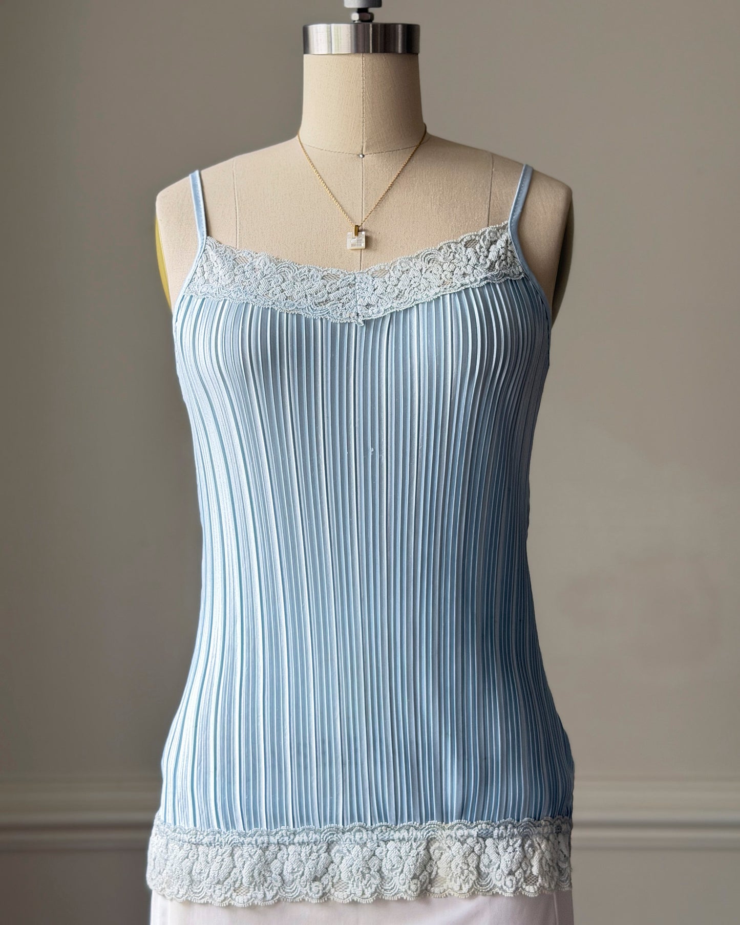 Baby Blue Accordion Pleated Satin Cami — Lace Square Neckline & Hem Trim