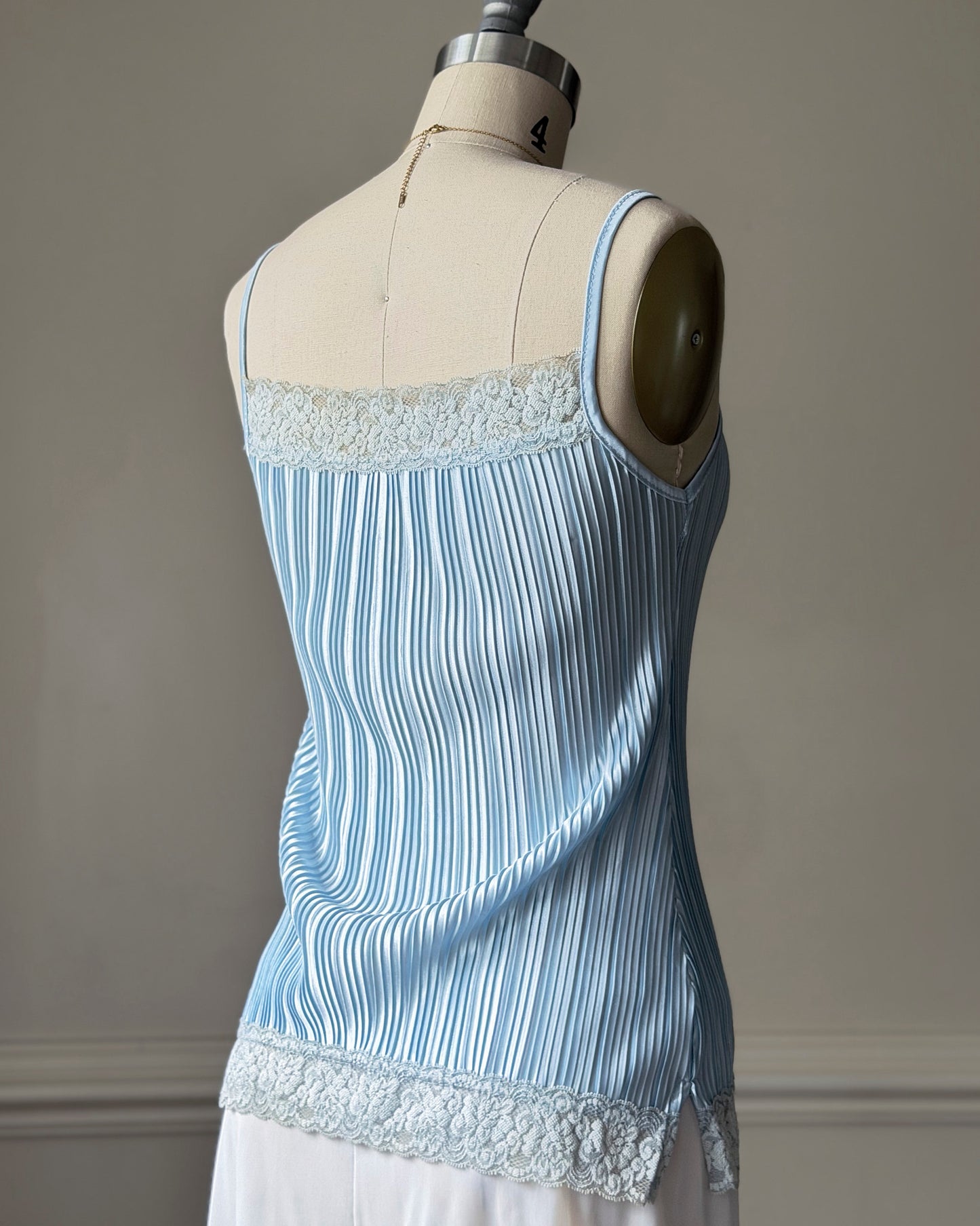 Baby Blue Accordion Pleated Satin Cami — Lace Square Neckline & Hem Trim