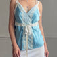 Powder Blue Silk Wrap Cami — Wide Cream Lace Trim & Ribbon Bow Waist