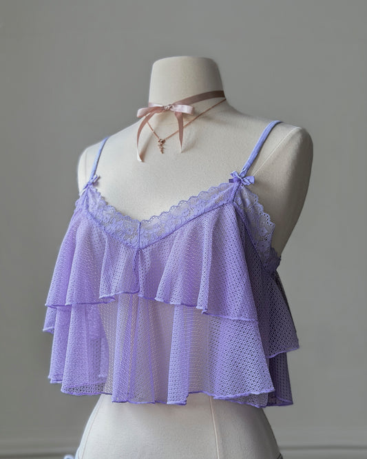 [ES] Lavender Mesh Ruffle Cami Top — Lace Trim & Satin Bows | Fairycore Aesthetic