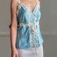 Powder Blue Silk Wrap Cami — Wide Cream Lace Trim & Ribbon Bow Waist