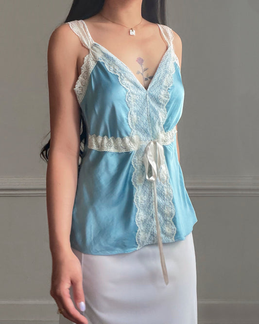 Powder Blue Silk Wrap Cami — Wide Cream Lace Trim & Ribbon Bow Waist
