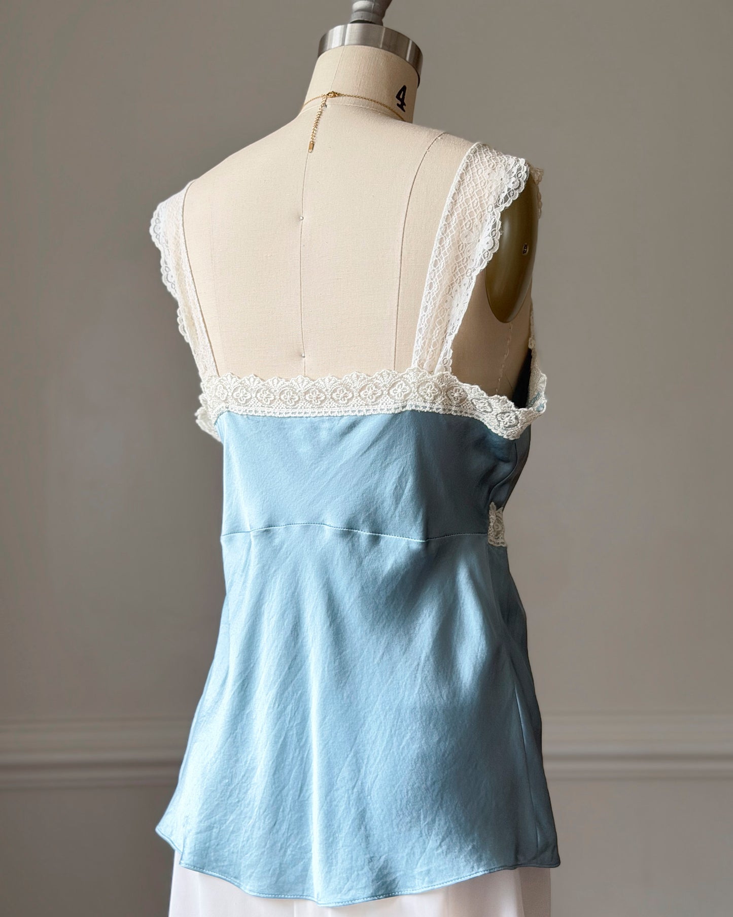 Powder Blue Silk Wrap Cami — Wide Cream Lace Trim & Ribbon Bow Waist