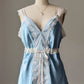 Powder Blue Silk Wrap Cami — Wide Cream Lace Trim & Ribbon Bow Waist