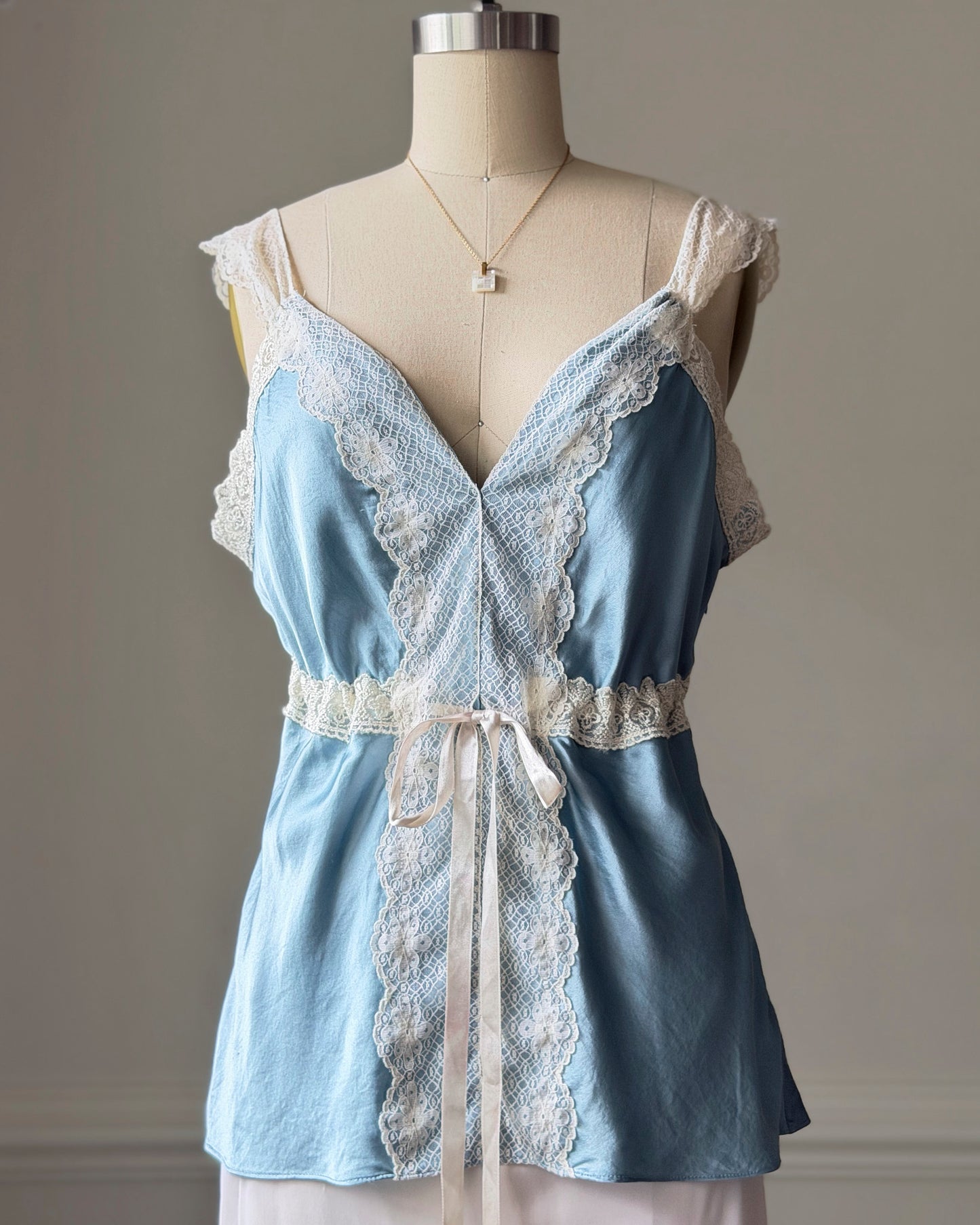 Powder Blue Silk Wrap Cami — Wide Cream Lace Trim & Ribbon Bow Waist