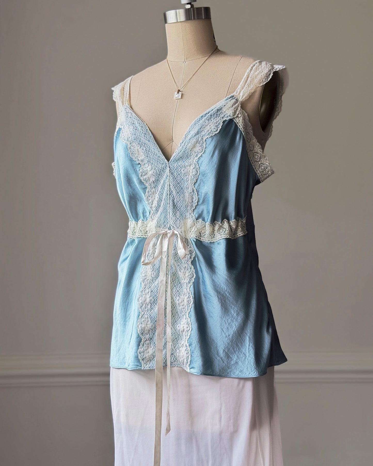 Powder Blue Silk Wrap Cami — Wide Cream Lace Trim & Ribbon Bow Waist