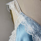 Powder Blue Silk Wrap Cami — Wide Cream Lace Trim & Ribbon Bow Waist