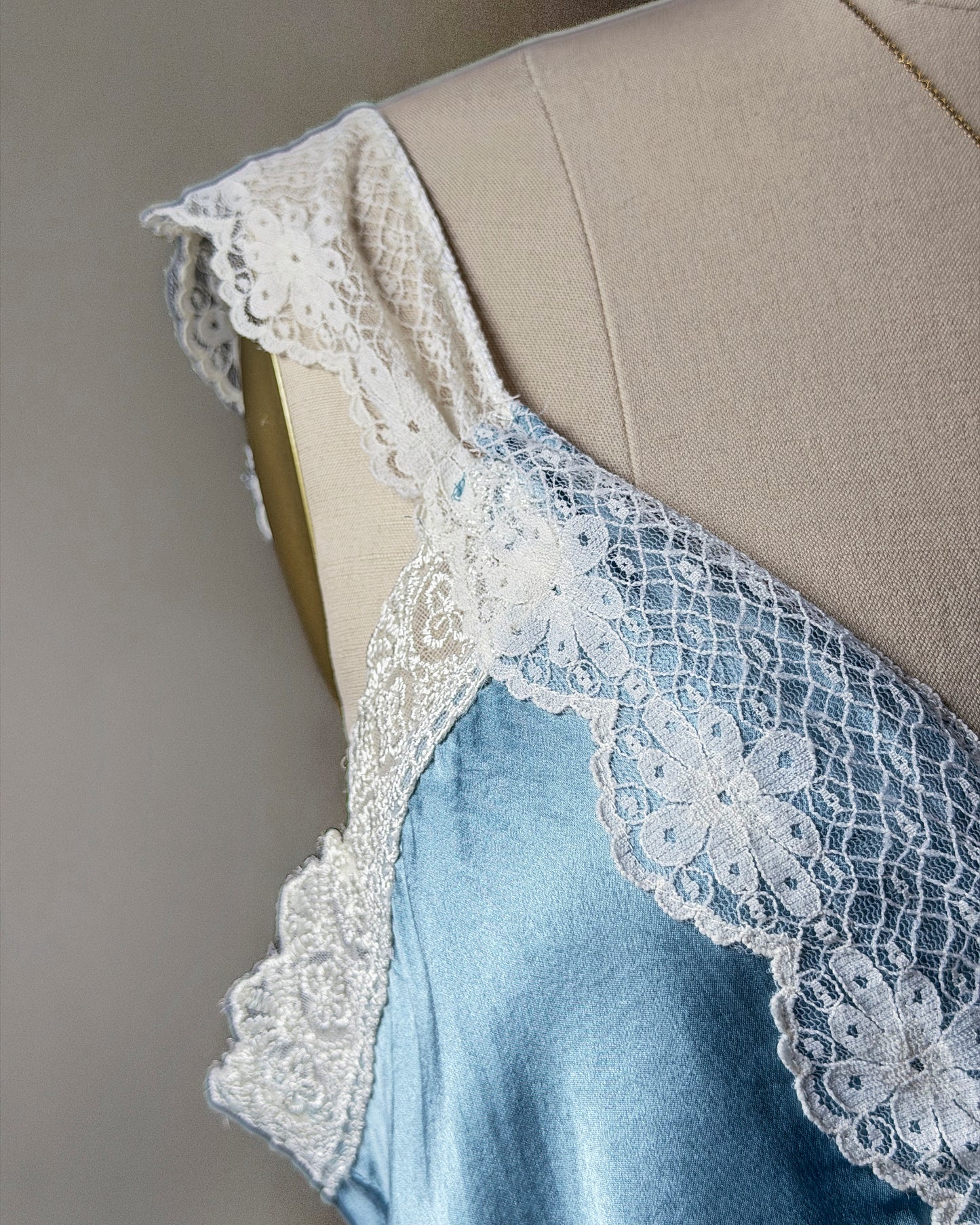 Powder Blue Silk Wrap Cami — Wide Cream Lace Trim & Ribbon Bow Waist