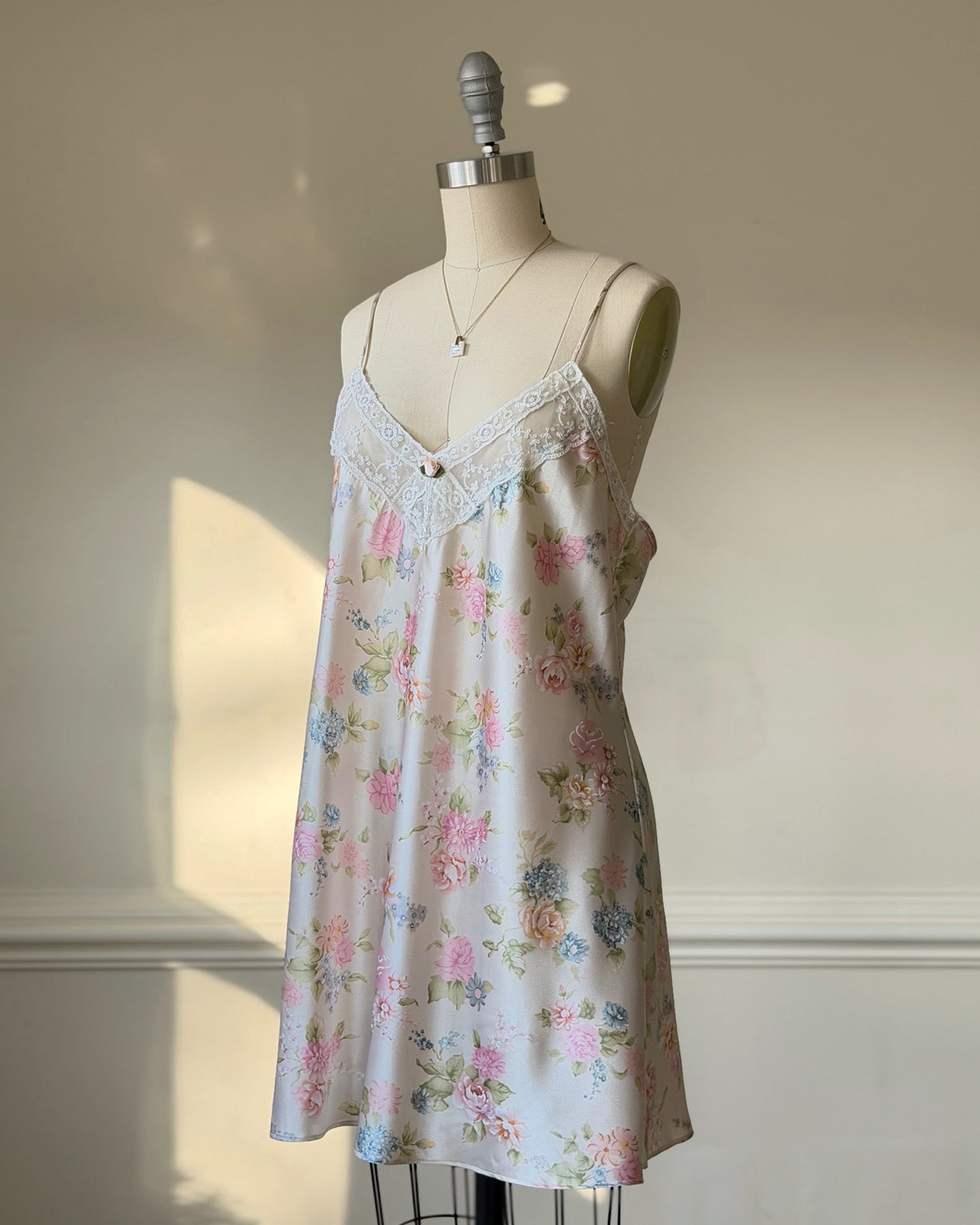 Vintage California Dynasty floral satin slip dress – pastel lace lingerie mini