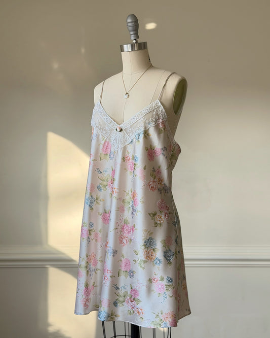 Vintage California Dynasty floral satin slip dress – pastel lace lingerie mini