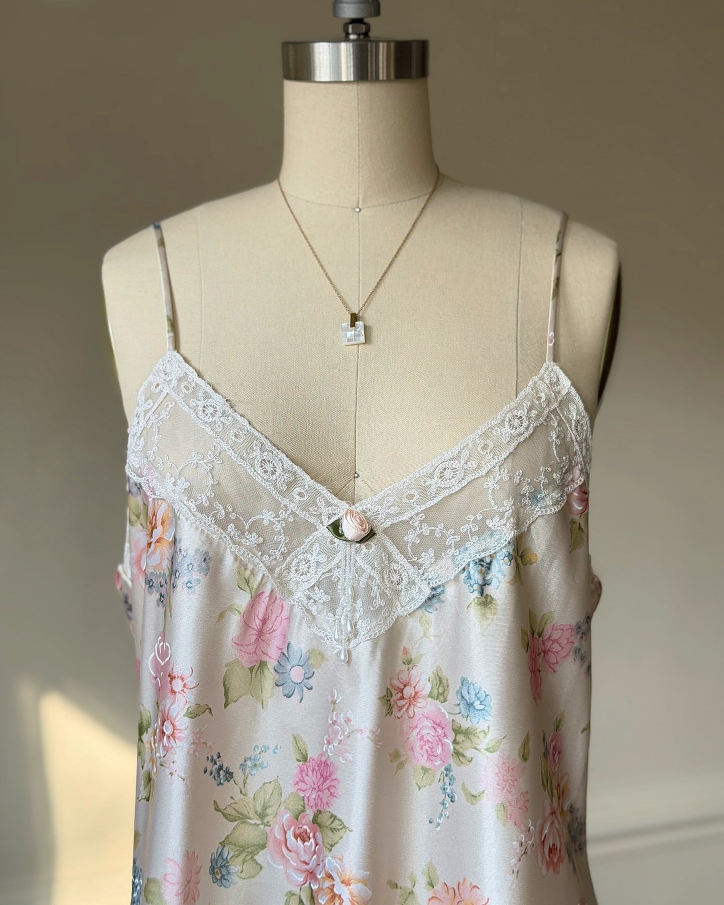 Vintage California Dynasty floral satin slip dress – pastel lace lingerie mini