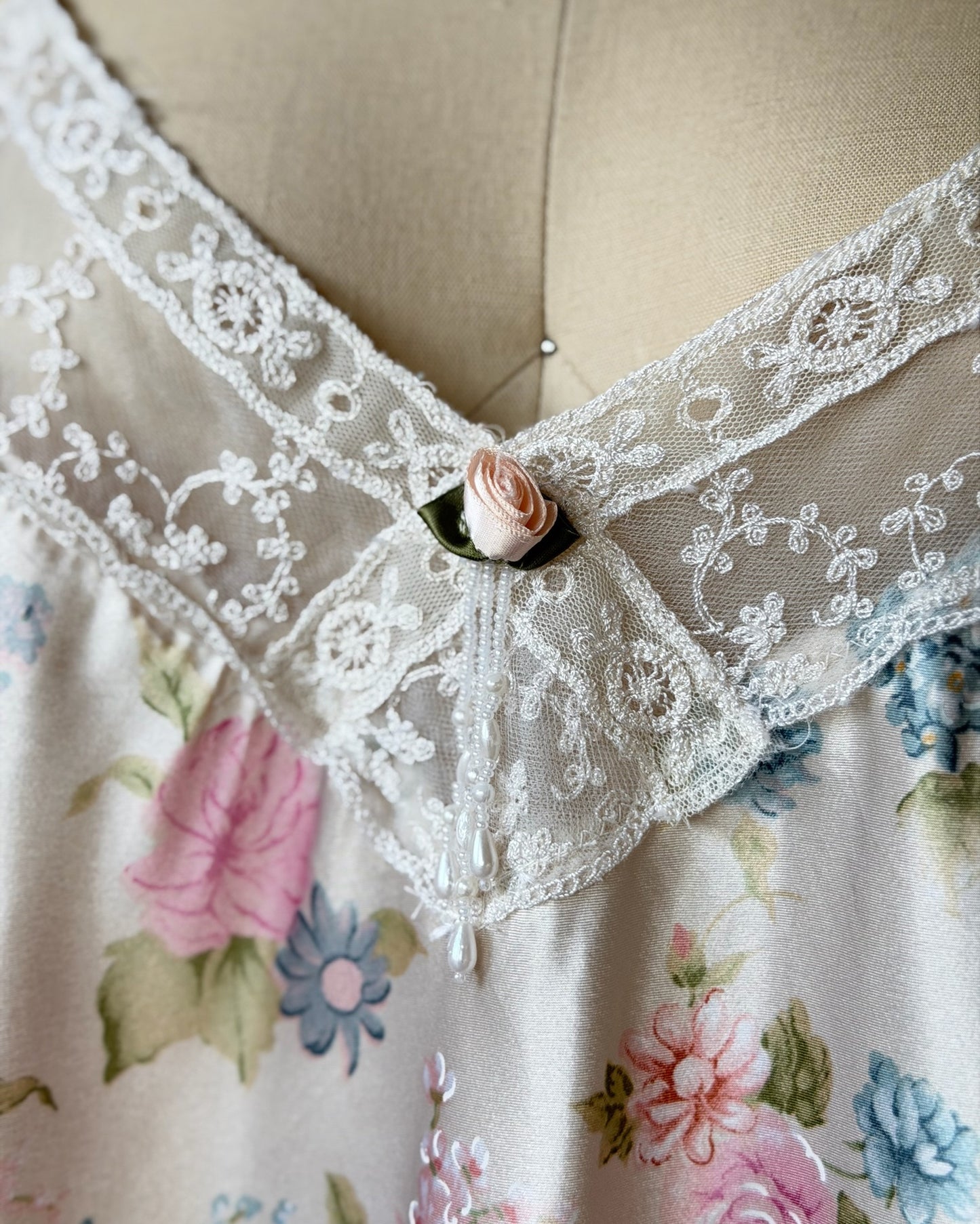 Vintage California Dynasty floral satin slip dress – pastel lace lingerie mini