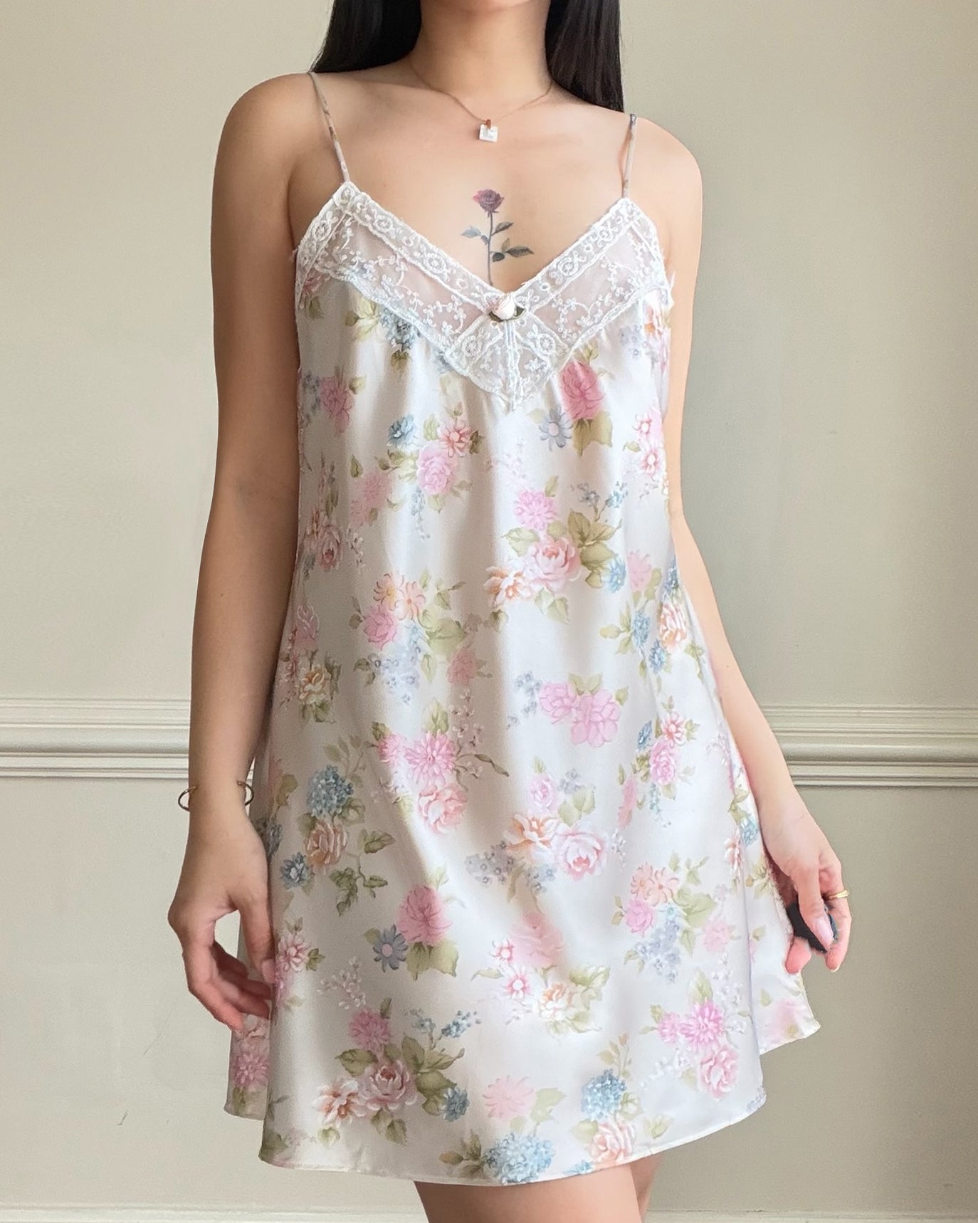 Vintage California Dynasty floral satin slip dress – pastel lace lingerie mini