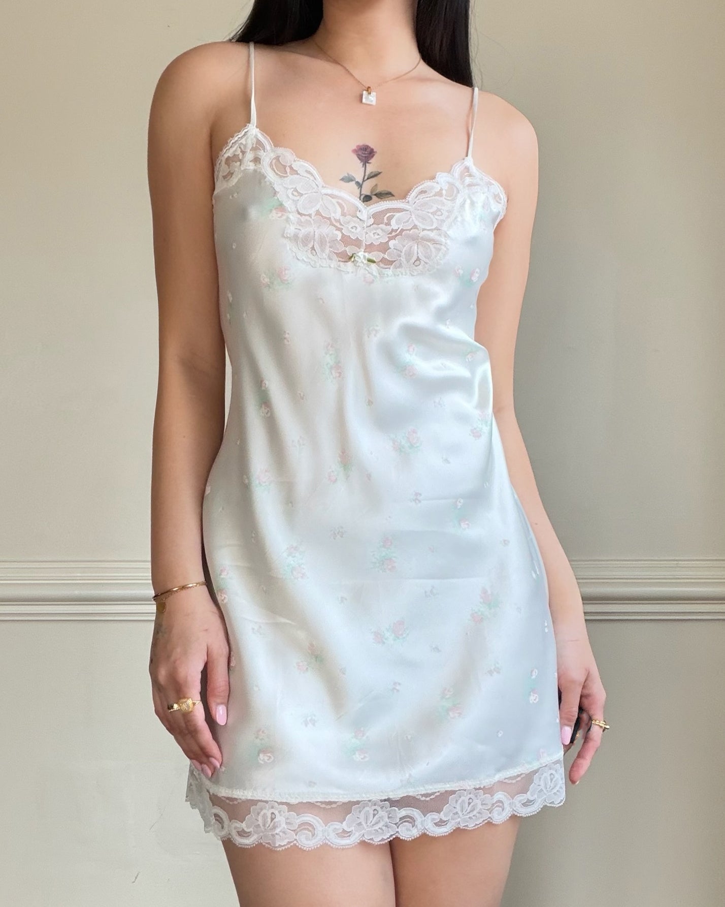 Vintage Floral Slip Dress – Ivory Satin Lace Trim Mini Lingerie