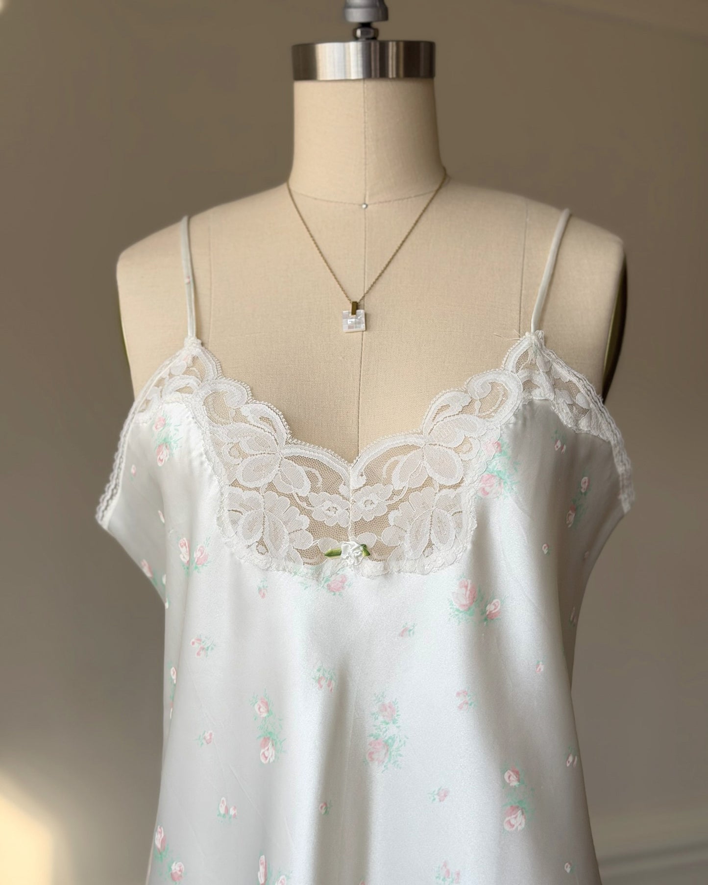 Vintage Floral Slip Dress – Ivory Satin Lace Trim Mini Lingerie