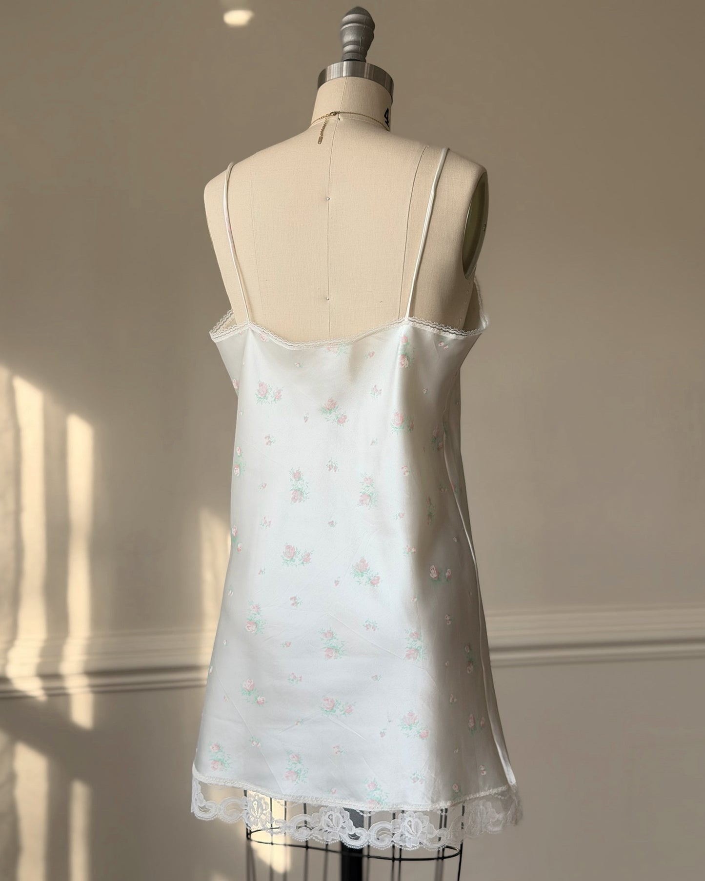 Vintage Floral Slip Dress – Ivory Satin Lace Trim Mini Lingerie