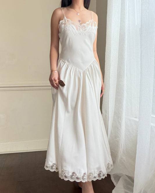 Vintage ivory satin slip dress – romantic lace trim lingerie maxi dress