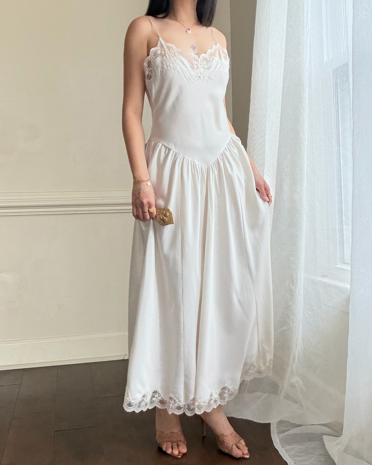 Vintage ivory satin slip dress – romantic lace trim lingerie maxi dress