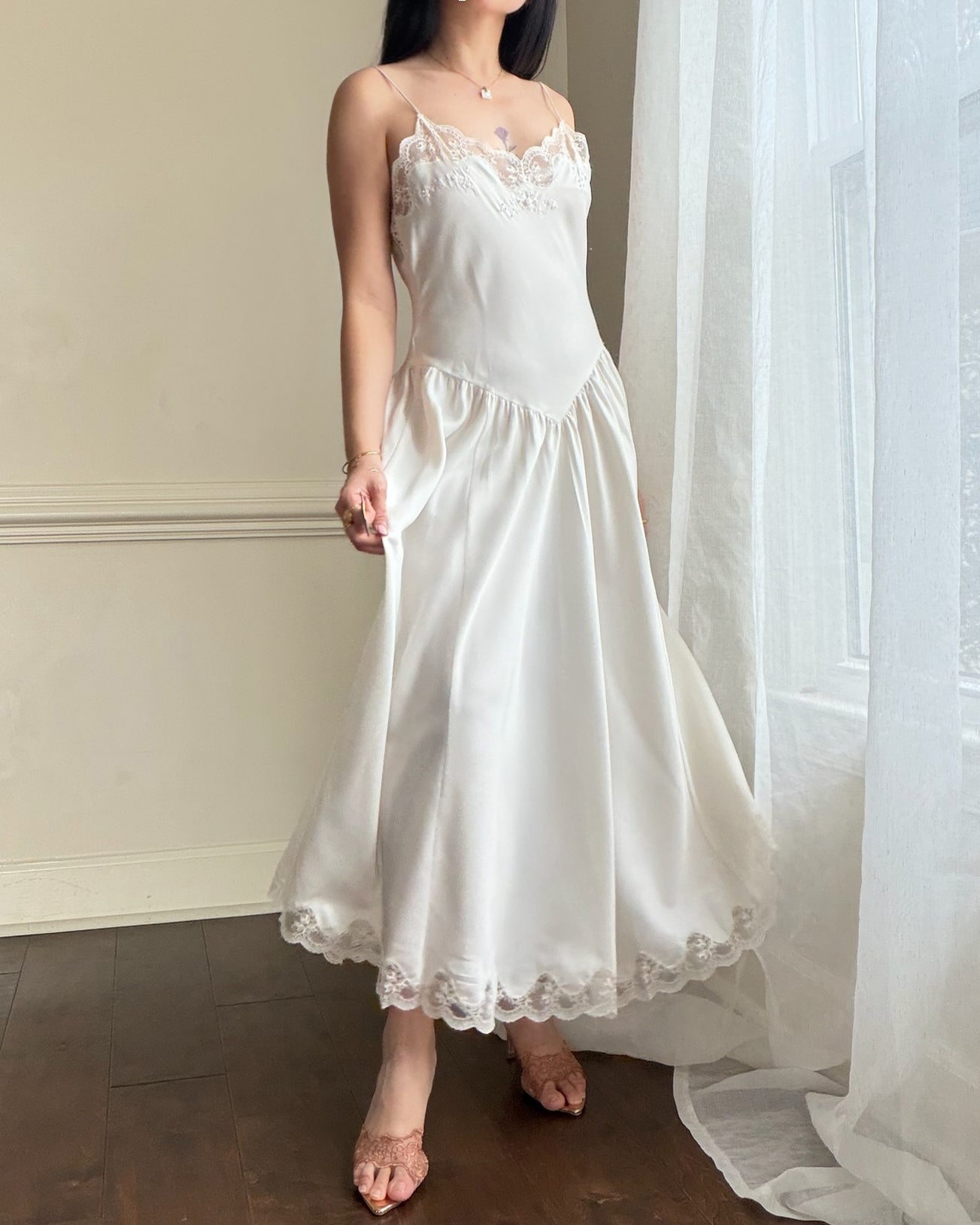 Vintage ivory satin slip dress – romantic lace trim lingerie maxi dress