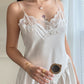 Vintage ivory satin slip dress – romantic lace trim lingerie maxi dress
