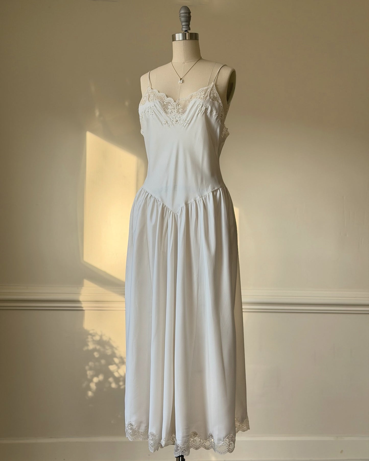 Vintage ivory satin slip dress – romantic lace trim lingerie maxi dress