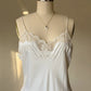 Vintage ivory satin slip dress – romantic lace trim lingerie maxi dress