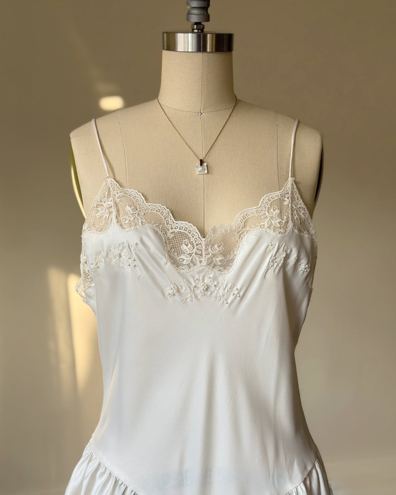 Vintage ivory satin slip dress – romantic lace trim lingerie maxi dress