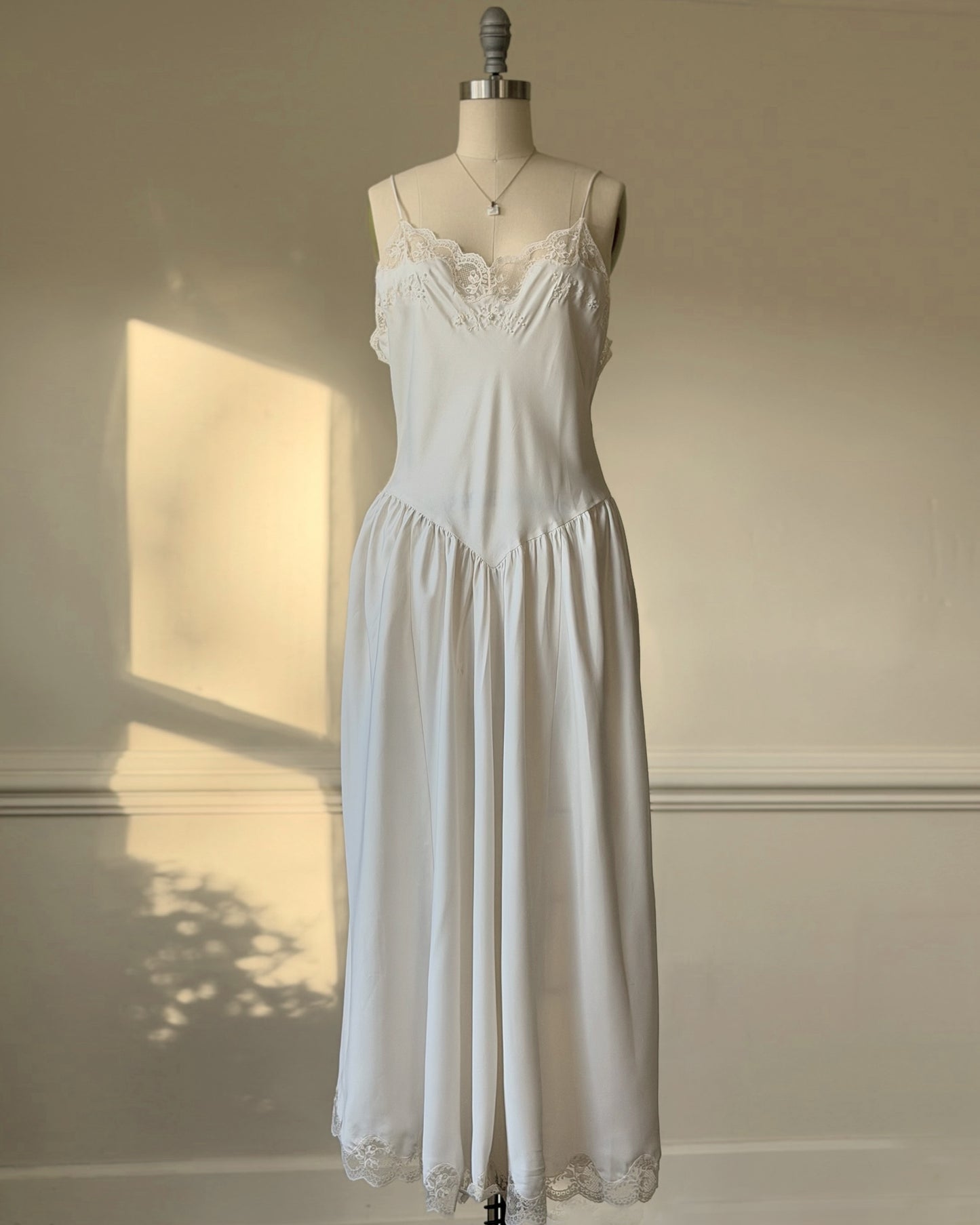 Vintage ivory satin slip dress – romantic lace trim lingerie maxi dress