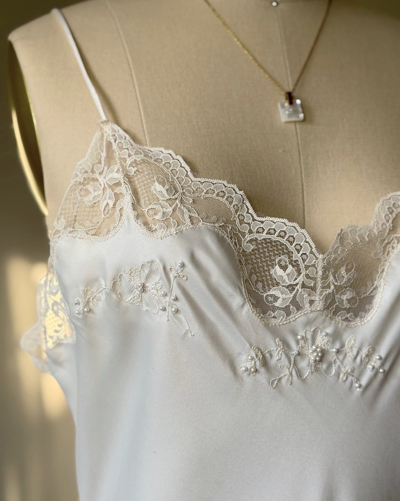 Vintage ivory satin slip dress – romantic lace trim lingerie maxi dress