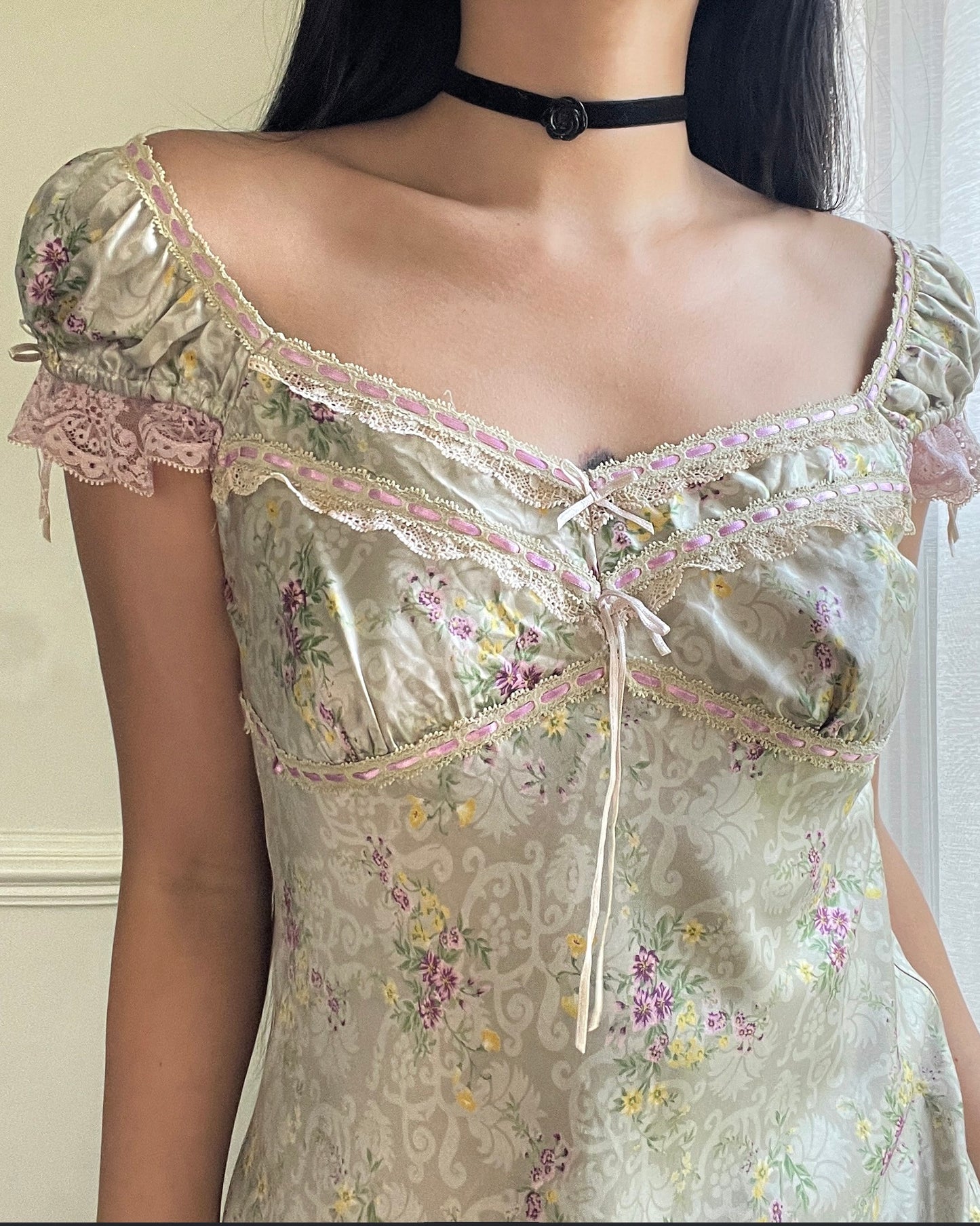 Sage Green Victorian inspired Midi Dress featuring Vintage Brocade Pattern