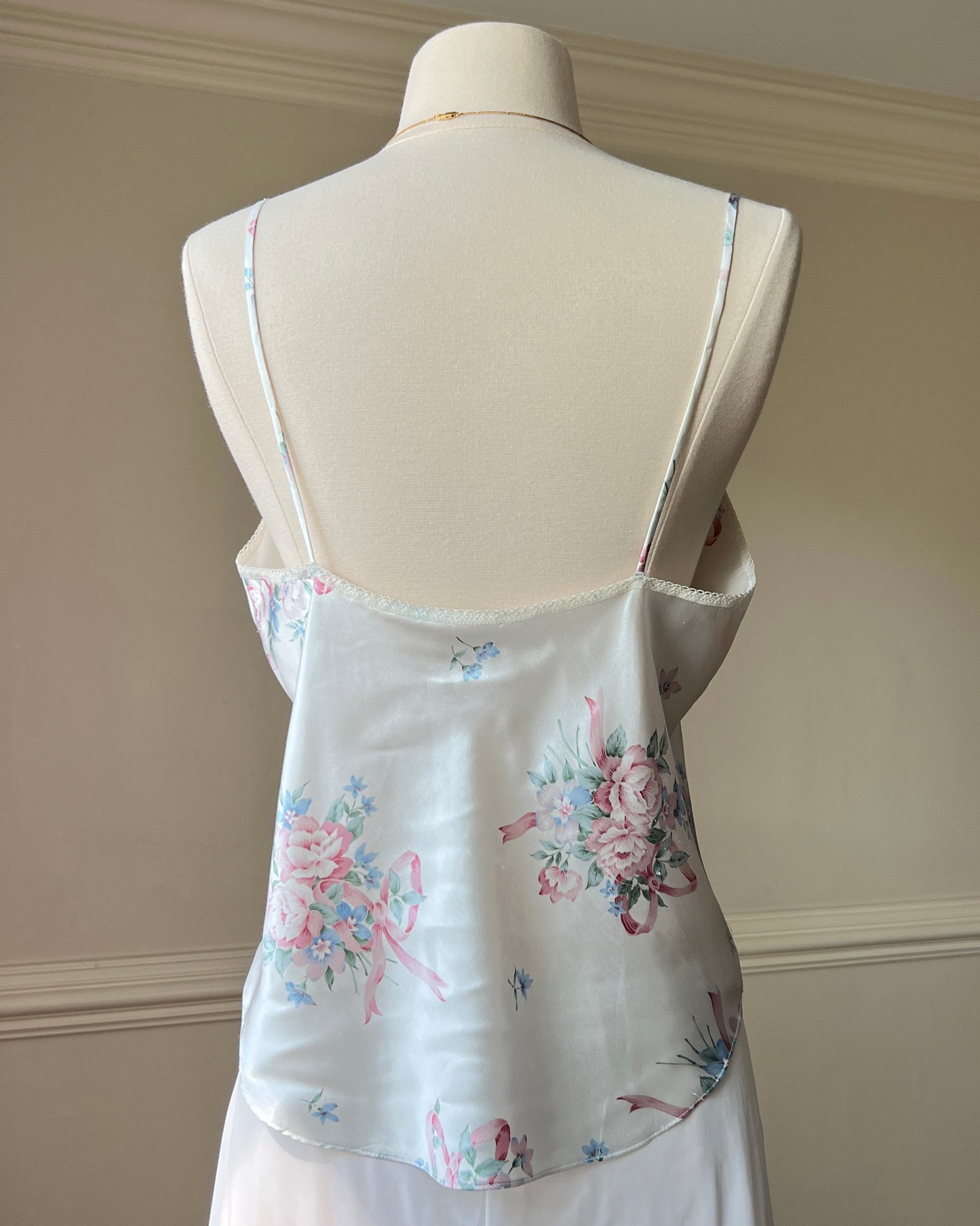 Vintage Satin Camisole in Pearl Ivory featuring Rose Bouquets Prints with Lace Bustier