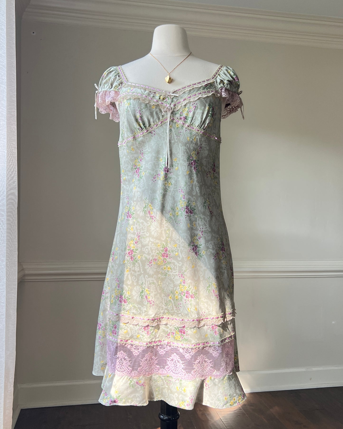 Sage Green Victorian inspired Midi Dress featuring Vintage Brocade Pattern