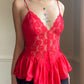 True Red Camisole featuring Delicate Rose Lace at Bodice